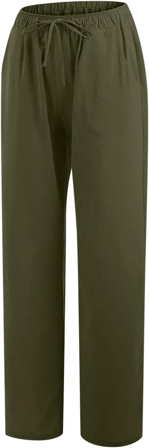 Women's Cotton Linen Pants Summer Wide Leg Pants Casual Loose Drawstring High Waist Palazzo Pants Trousers Pockets