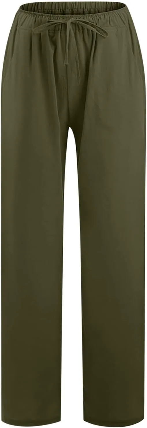 Women's Cotton Linen Pants Summer Wide Leg Pants Casual Loose Drawstring High Waist Palazzo Pants Trousers Pockets