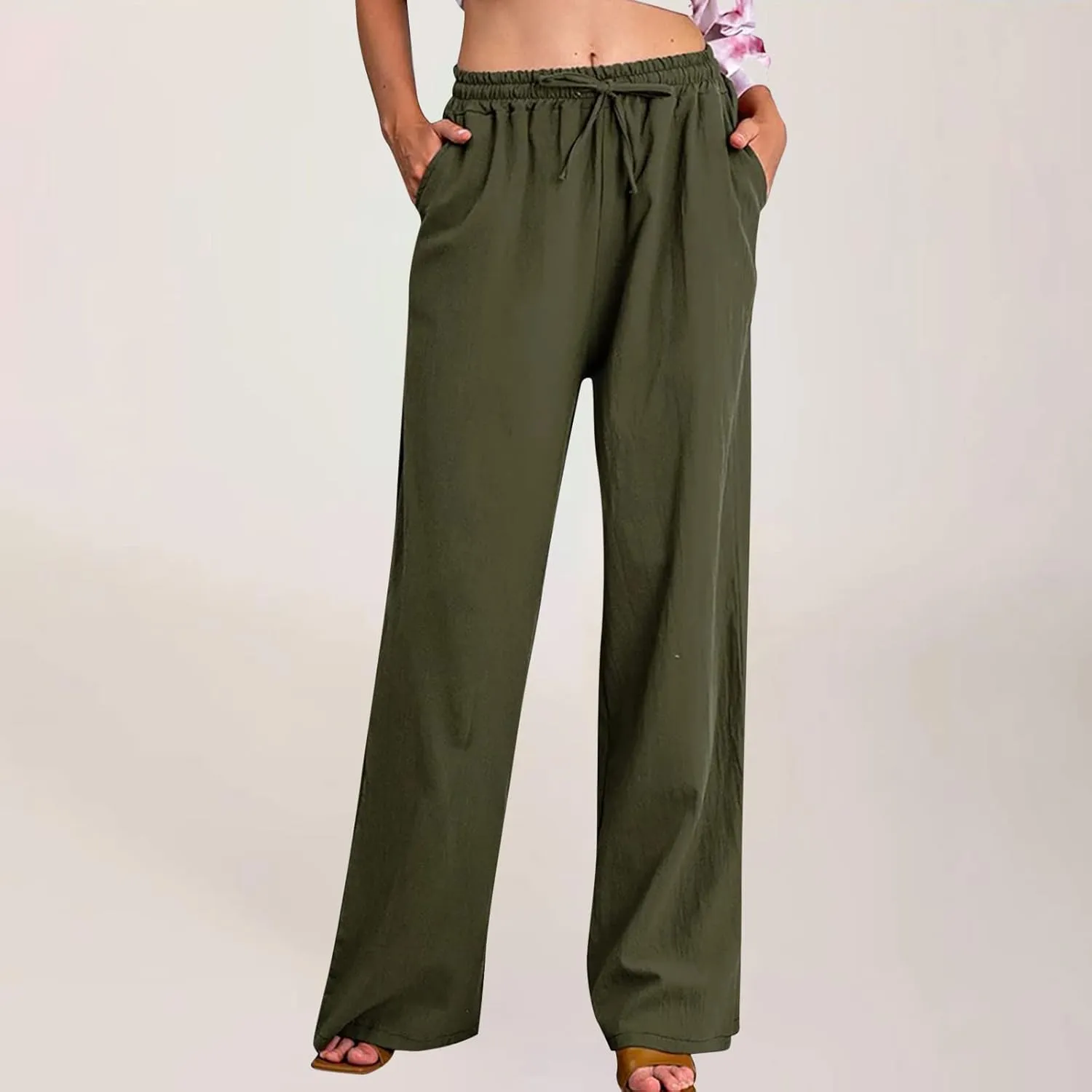 Women's Cotton Linen Pants Summer Wide Leg Pants Casual Loose Drawstring High Waist Palazzo Pants Trousers Pockets