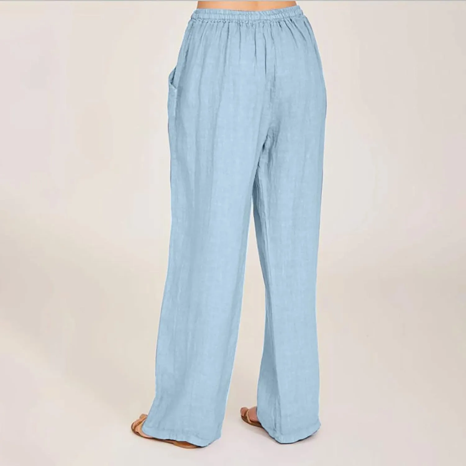 Women's Cotton Linen Pants Summer Wide Leg Pants Casual Loose Drawstring High Waist Palazzo Pants Trousers Pockets