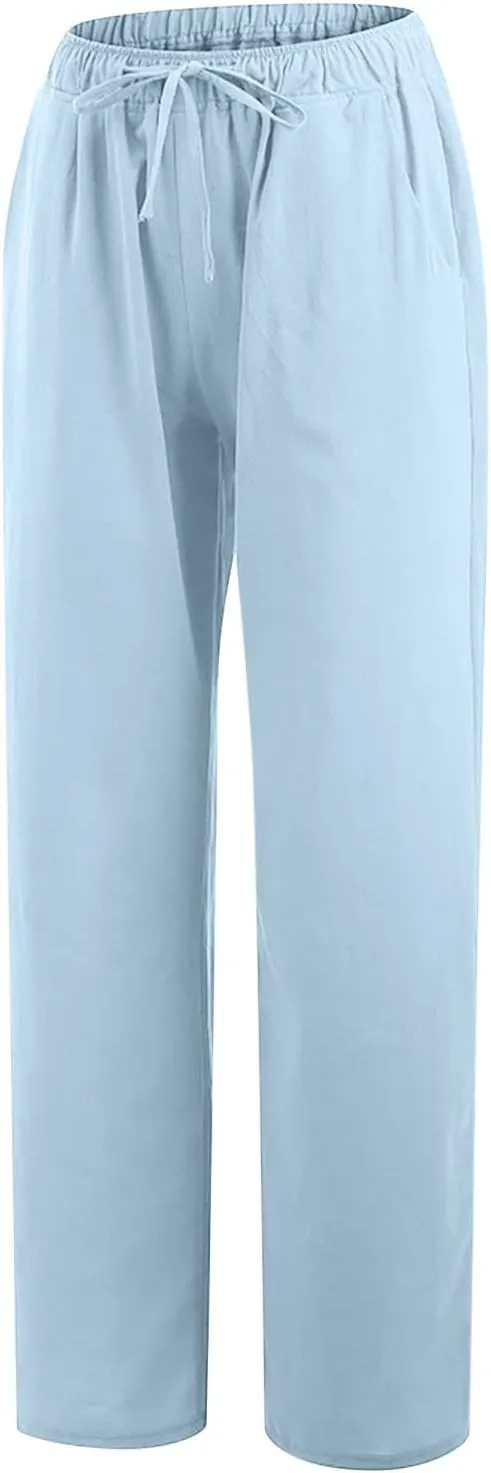 Women's Cotton Linen Pants Summer Wide Leg Pants Casual Loose Drawstring High Waist Palazzo Pants Trousers Pockets