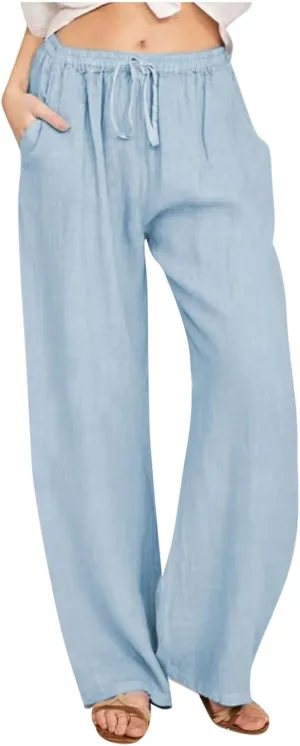 Women's Cotton Linen Pants Summer Wide Leg Pants Casual Loose Drawstring High Waist Palazzo Pants Trousers Pockets
