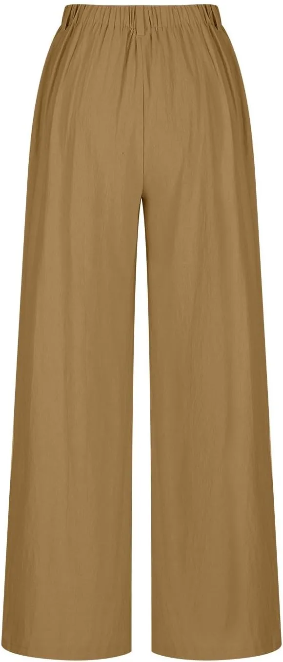 Womens Cotton Palazzo Pants Dressy Elastic High Waist Casual Pant Comfy Loose Solid Wide Leg Trousers with Pockets