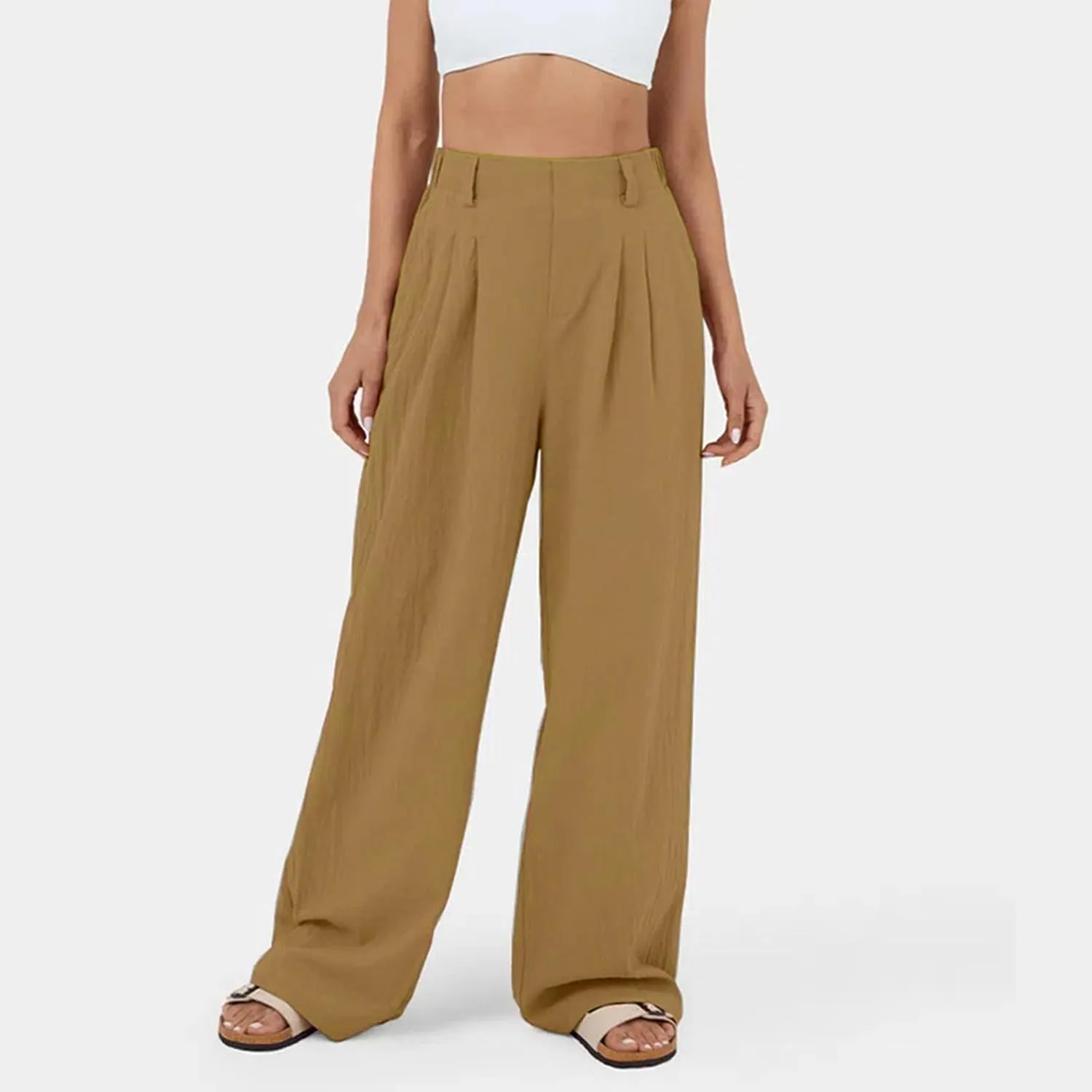 Womens Cotton Palazzo Pants Dressy Elastic High Waist Casual Pant Comfy Loose Solid Wide Leg Trousers with Pockets