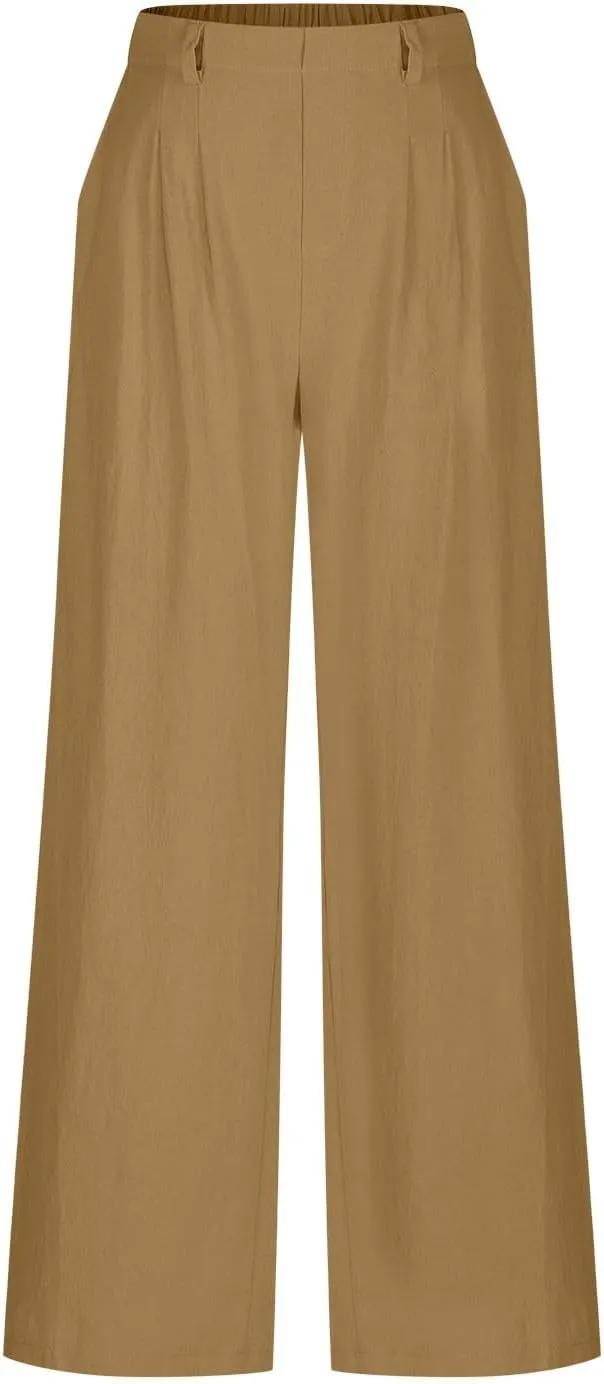 Womens Cotton Palazzo Pants Dressy Elastic High Waist Casual Pant Comfy Loose Solid Wide Leg Trousers with Pockets
