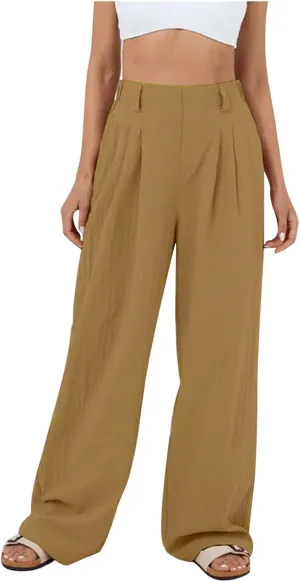 Womens Cotton Palazzo Pants Dressy Elastic High Waist Casual Pant Comfy Loose Solid Wide Leg Trousers with Pockets