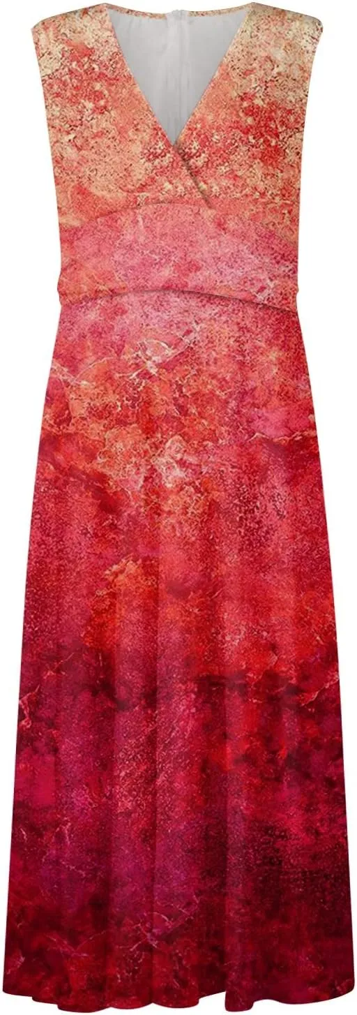 Womens Dresses Wrap V Neck Floral Print Beach Dresses Sleeveless Flowy Ruched Maxi Dress Elegant Sundress