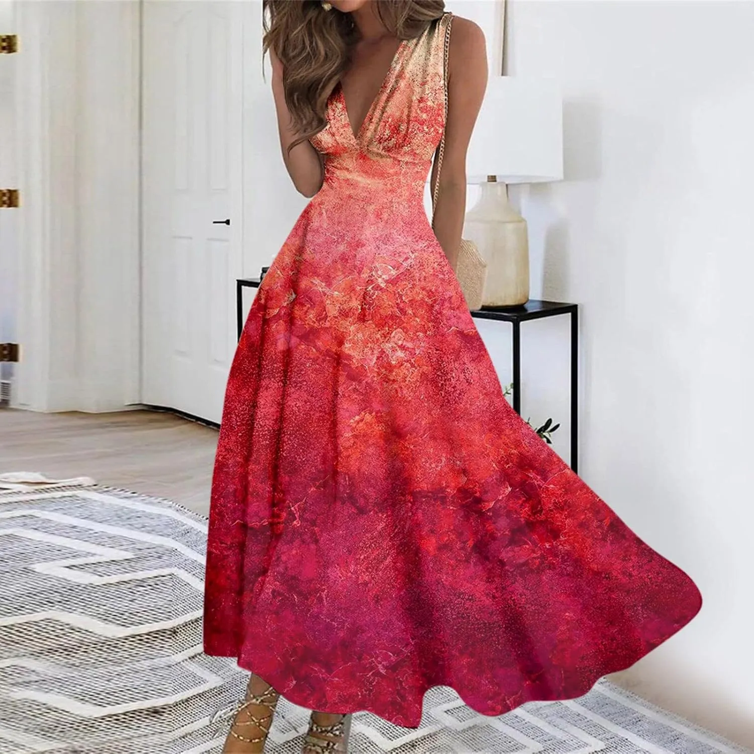 Womens Dresses Wrap V Neck Floral Print Beach Dresses Sleeveless Flowy Ruched Maxi Dress Elegant Sundress