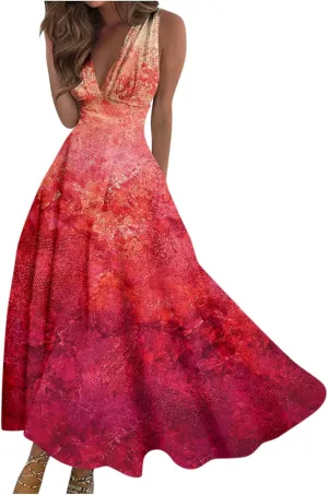 Womens Dresses Wrap V Neck Floral Print Beach Dresses Sleeveless Flowy Ruched Maxi Dress Elegant Sundress