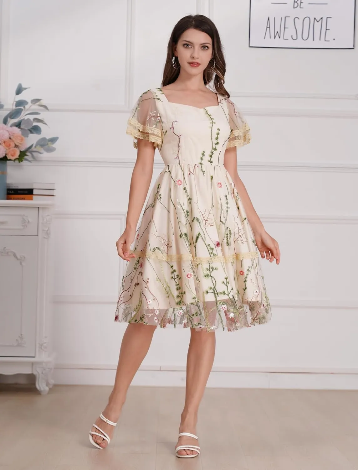 Women's Flower Embroidery Tulle Prom Dresses Ruffle Sleeve Square Neck Tulle Prom Dress Knee Length Cocktail Tea Dress