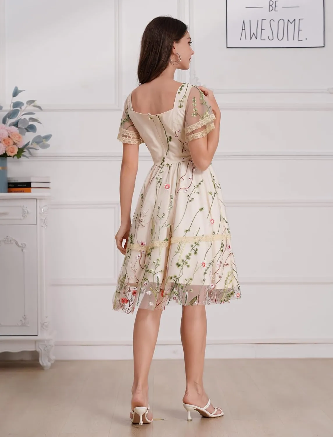 Women's Flower Embroidery Tulle Prom Dresses Ruffle Sleeve Square Neck Tulle Prom Dress Knee Length Cocktail Tea Dress