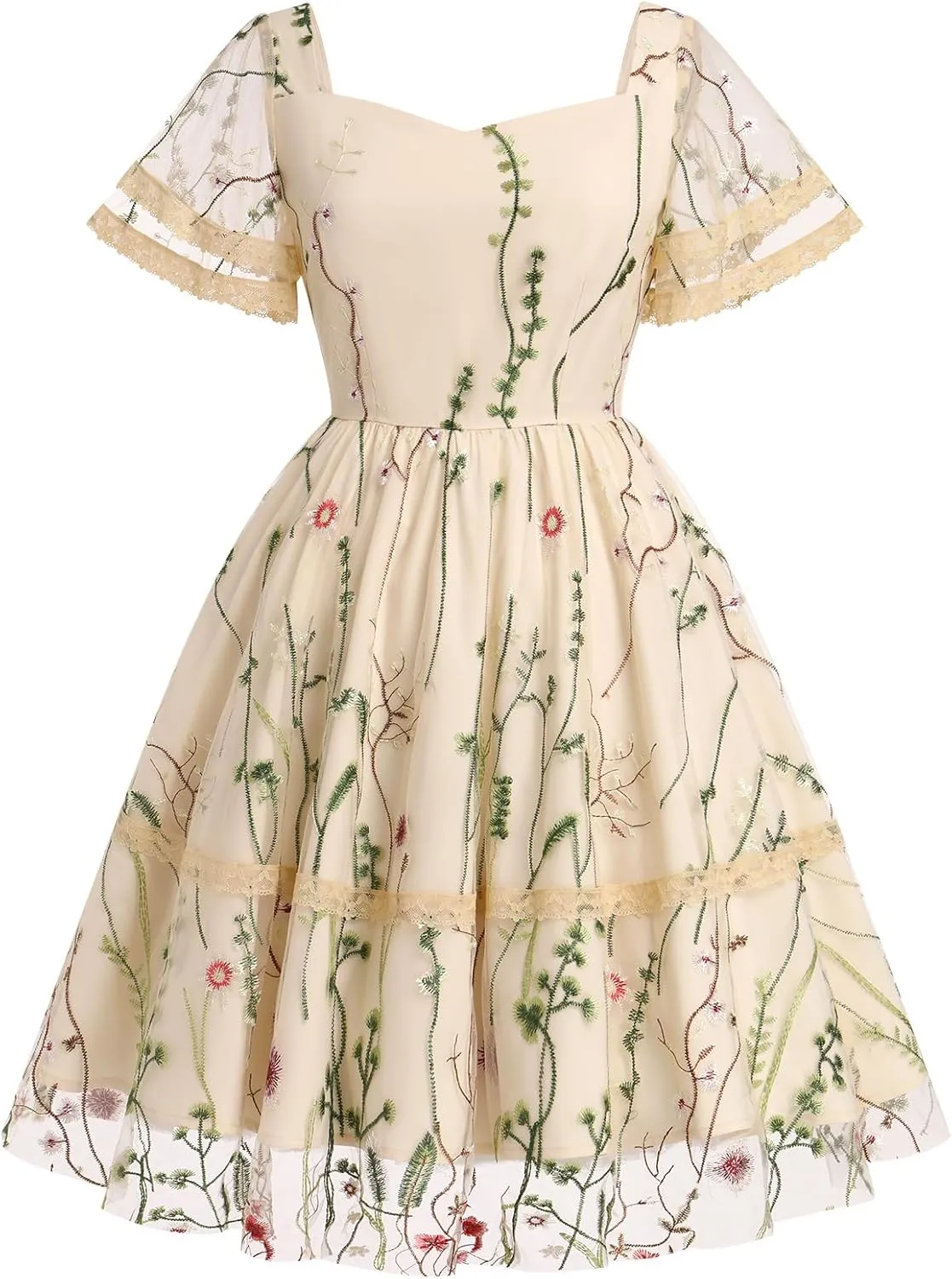 Women's Flower Embroidery Tulle Prom Dresses Ruffle Sleeve Square Neck Tulle Prom Dress Knee Length Cocktail Tea Dress