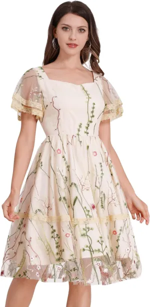 Women's Flower Embroidery Tulle Prom Dresses Ruffle Sleeve Square Neck Tulle Prom Dress Knee Length Cocktail Tea Dress