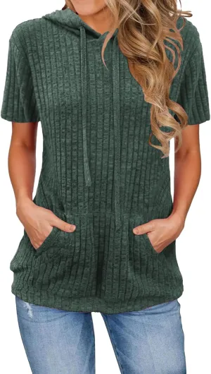 Womens Hoodie Short Sleeve Thin Pullover Sweatshirt Summer 2025 Fashion Dressy Kangaroo Pocket Tunics Tops