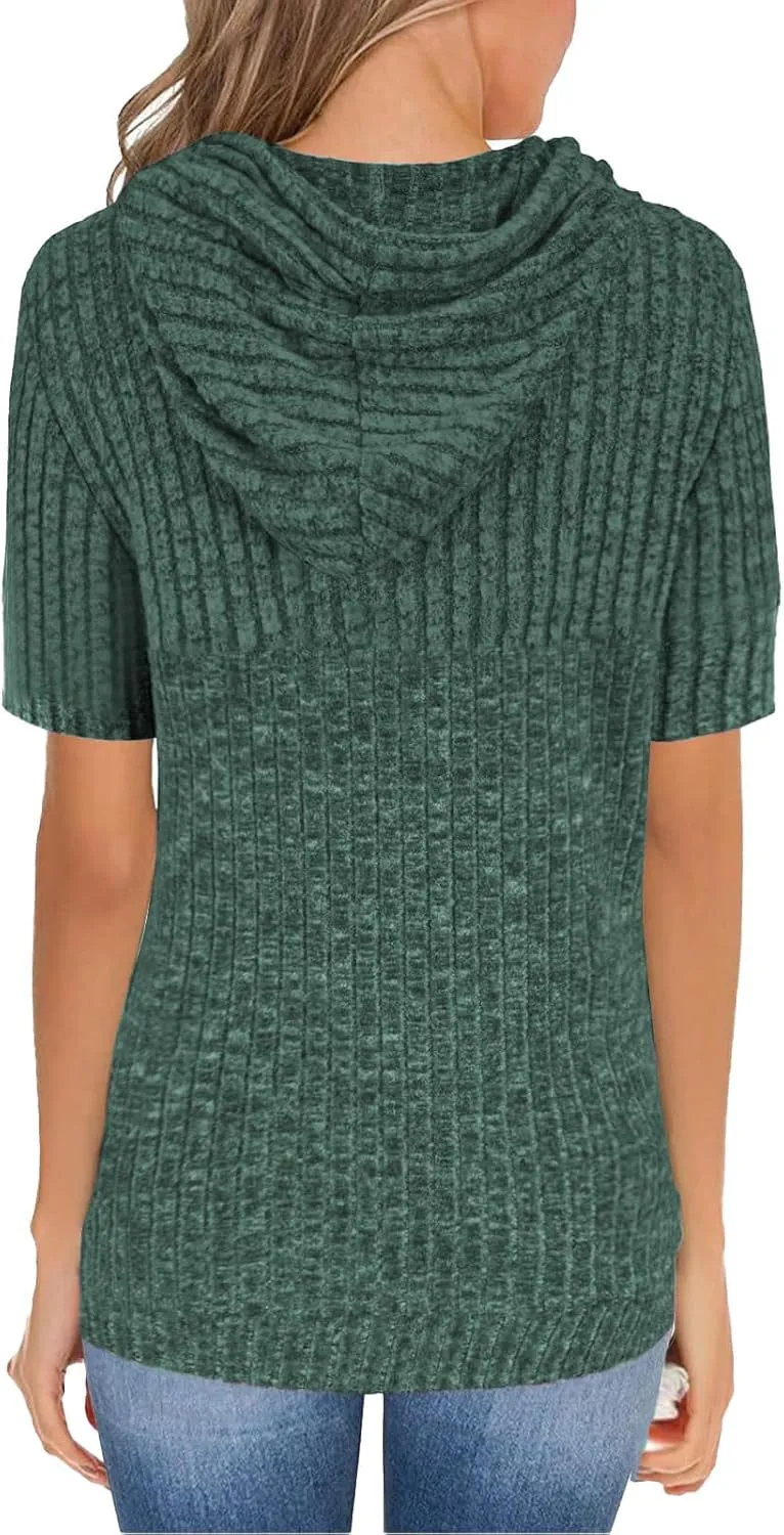 Womens Hoodie Short Sleeve Thin Pullover Sweatshirt Summer 2025 Fashion Dressy Kangaroo Pocket Tunics Tops