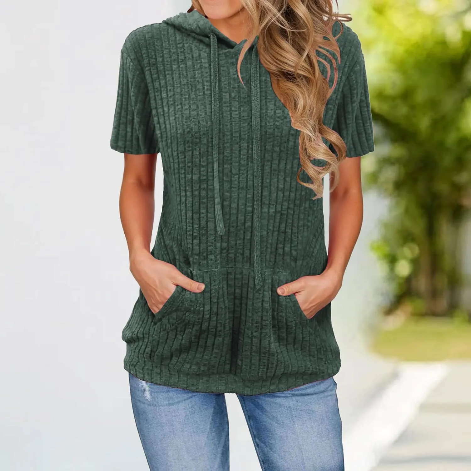 Womens Hoodie Short Sleeve Thin Pullover Sweatshirt Summer 2025 Fashion Dressy Kangaroo Pocket Tunics Tops