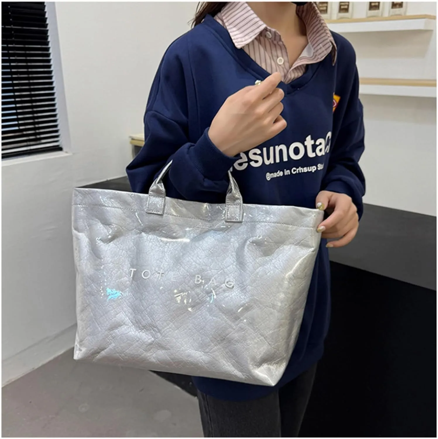 Women's Large PVC Tote Bag with Kraft Paper Interior, Waterproof Letter Print Y2K Hobo Handbag for Shopping