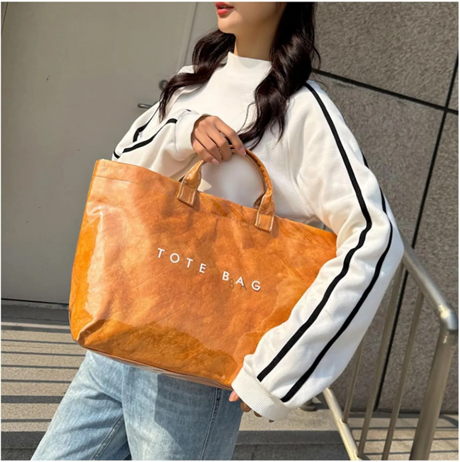 Women's Large PVC Tote Bag with Kraft Paper Interior, Waterproof Letter Print Y2K Hobo Handbag for Shopping