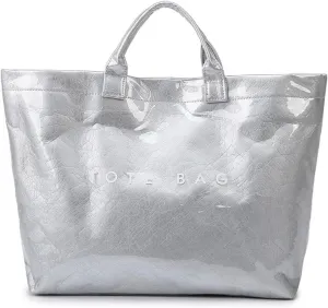 Women's Large PVC Tote Bag with Kraft Paper Interior, Waterproof Letter Print Y2K Hobo Handbag for Shopping