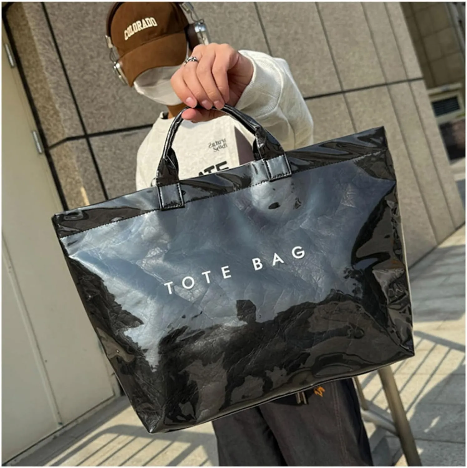 Women's Large PVC Tote Bag with Kraft Paper Interior, Waterproof Letter Print Y2K Hobo Handbag for Shopping