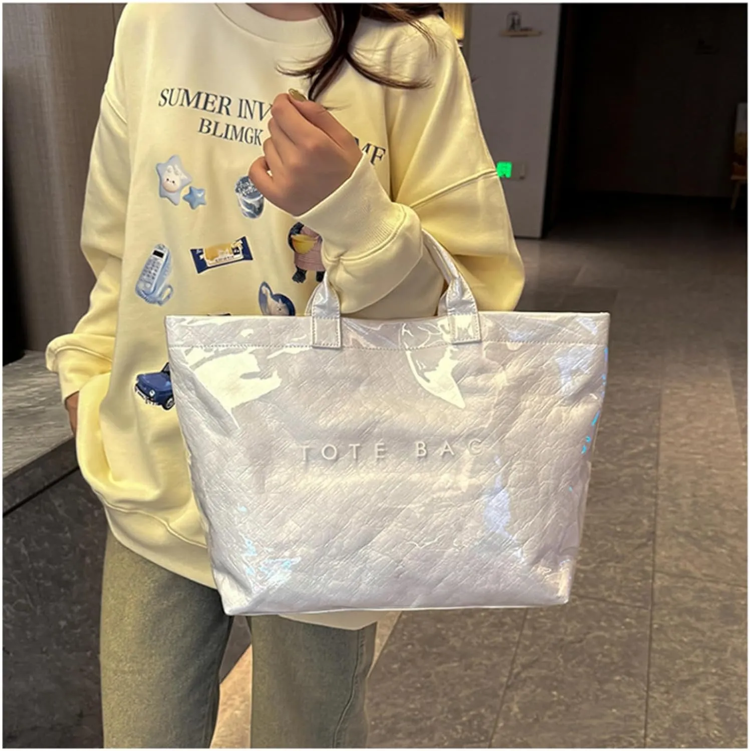 Women's Large PVC Tote Bag with Kraft Paper Interior, Waterproof Letter Print Y2K Hobo Handbag for Shopping