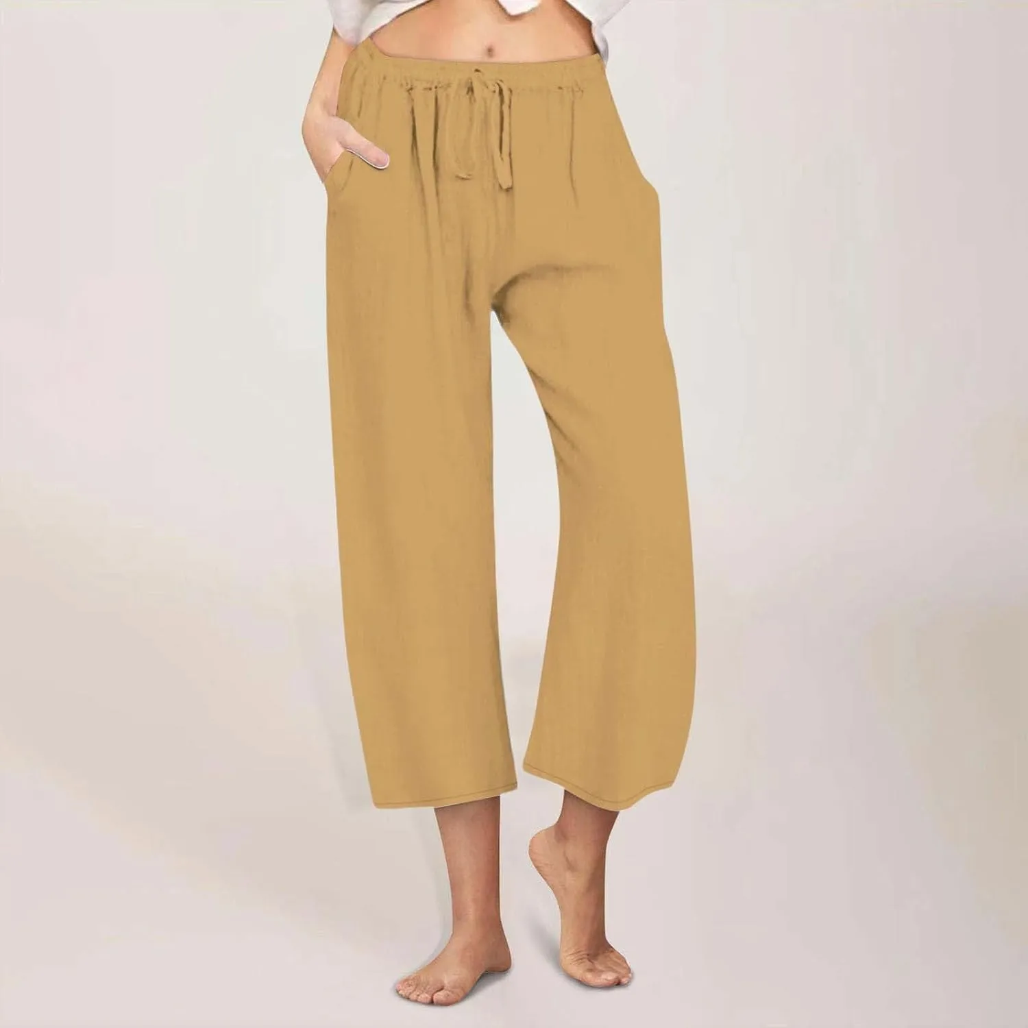 Womens Linen Pants Summer Wide Leg Lounge Cropped Pants with Pockets Drawstring Elastic Waist Beach Trousers 2025