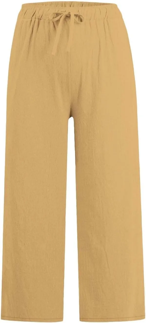 Womens Linen Pants Summer Wide Leg Lounge Cropped Pants with Pockets Drawstring Elastic Waist Beach Trousers 2025