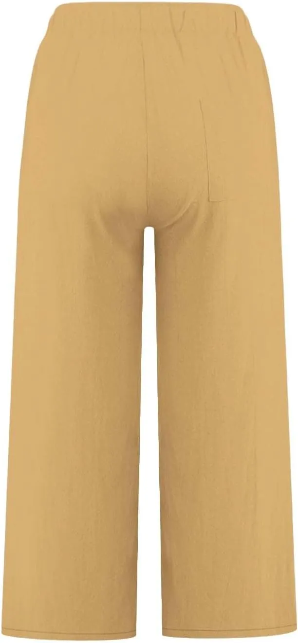 Womens Linen Pants Summer Wide Leg Lounge Cropped Pants with Pockets Drawstring Elastic Waist Beach Trousers 2025
