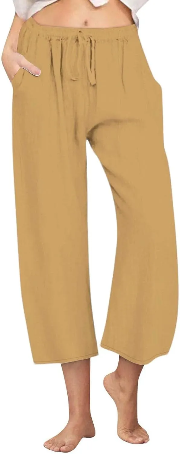 Womens Linen Pants Summer Wide Leg Lounge Cropped Pants with Pockets Drawstring Elastic Waist Beach Trousers 2025