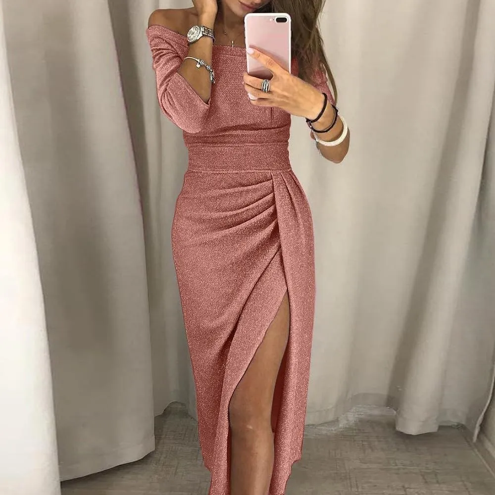 Women's Maxi Dresses 2025 Sexy Elegant Trendy Cold Shoulder Sequins Split Slim Bodycon Prom Cocktail