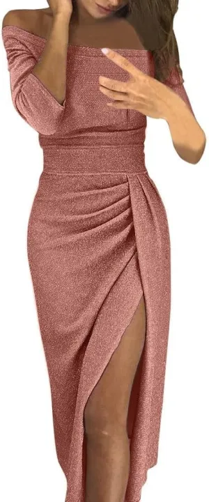 Women's Maxi Dresses 2025 Sexy Elegant Trendy Cold Shoulder Sequins Split Slim Bodycon Prom Cocktail