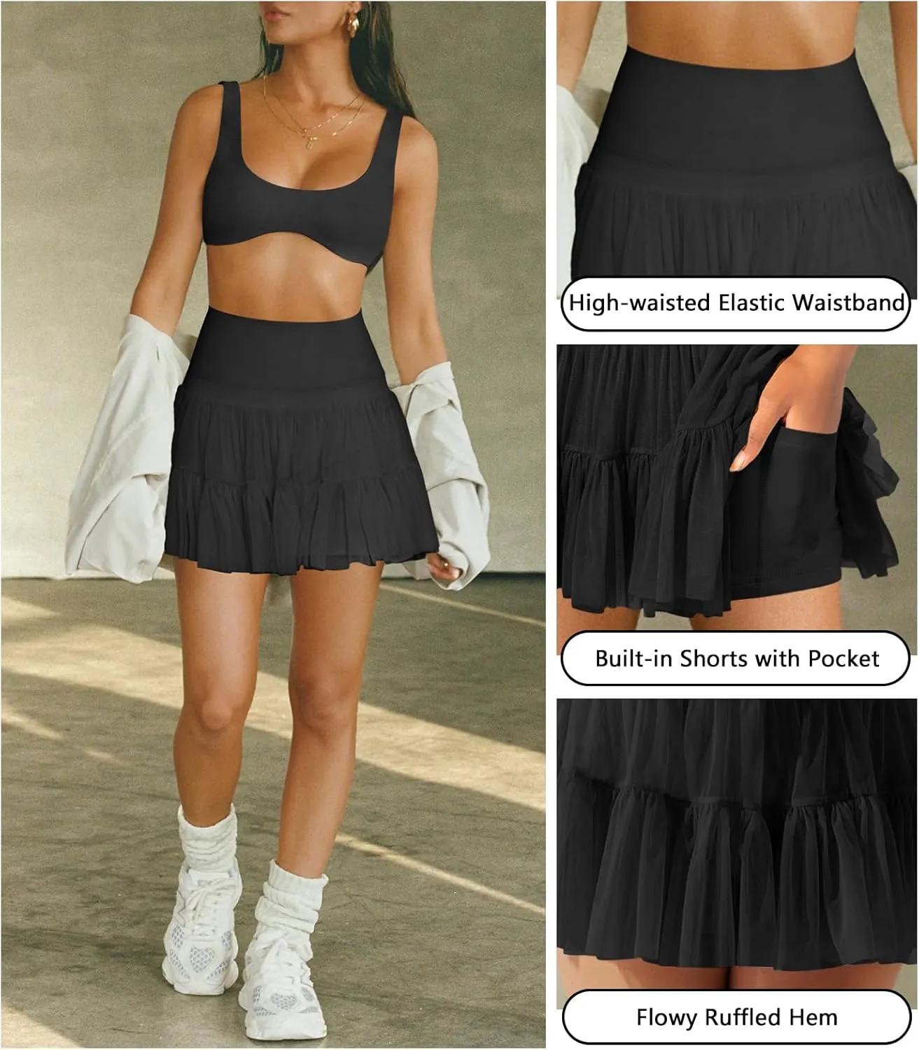 Women's Mini Skirt Skort Flowy Pleated High Waisted Ruffle Tennis Skirts for Women Athletic Skater Golf with Shorts Pockets