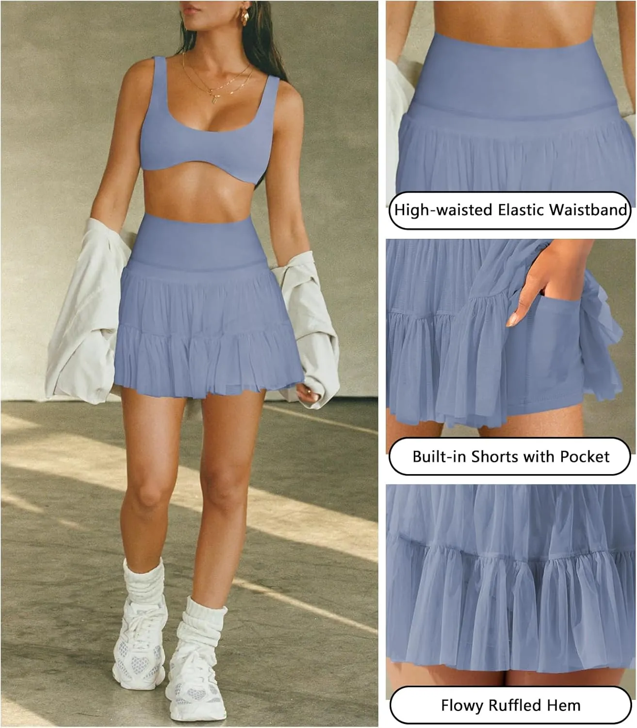 Women's Mini Skirt Skort Flowy Pleated High Waisted Ruffle Tennis Skirts for Women Athletic Skater Golf with Shorts Pockets