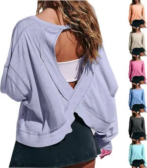 Womens Open Back Workout Tops Sexy Backless Long Sleeve Athletic Shirt Running Crop Top Gym Yoga Tee