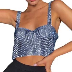 Womens Party Glitter Tank Top Cute Sequin Sparkly Club Crop Sleeveless Y2K Blouses Backless Camisole Going Out Shiny
