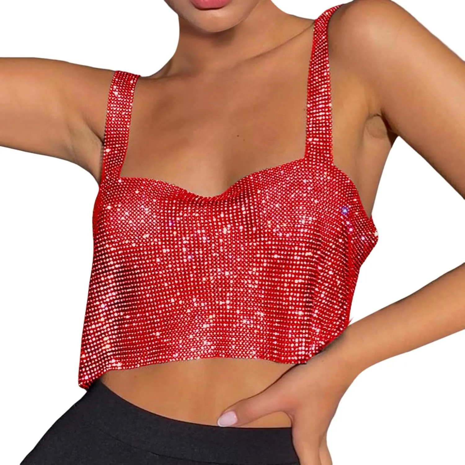 Womens Party Glitter Tank Top Cute Sequin Sparkly Club Crop Sleeveless Y2K Blouses Backless Camisole Going Out Shiny