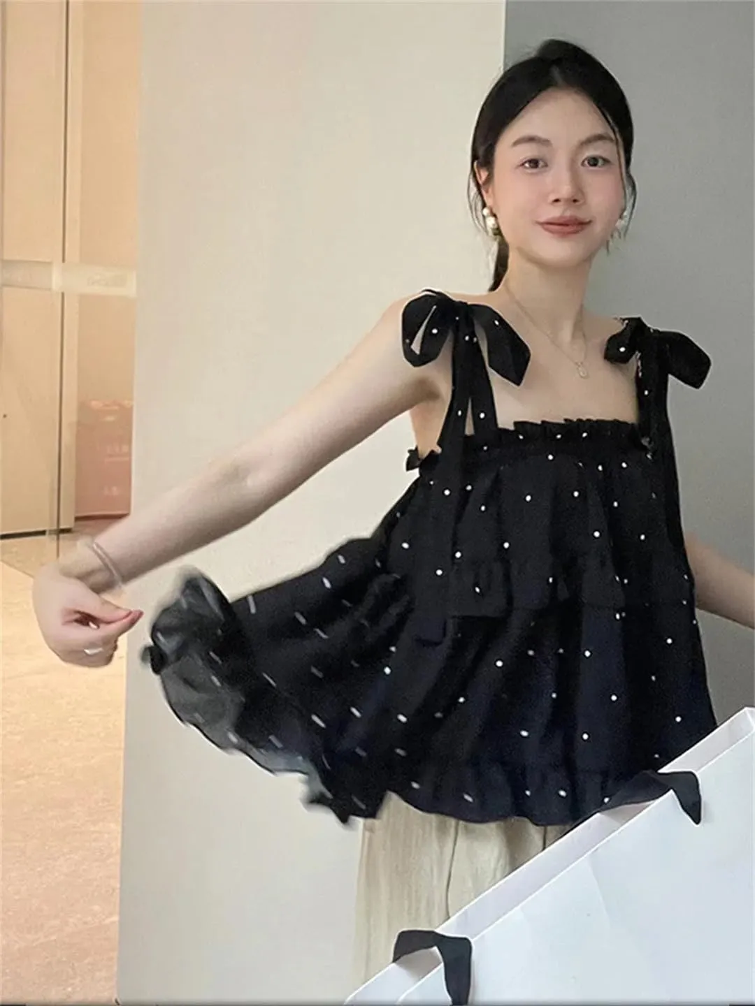 Women's Polka Dot Camisole Summer Bow Tie-Up Retro Chic Spaghetti Strap Top
