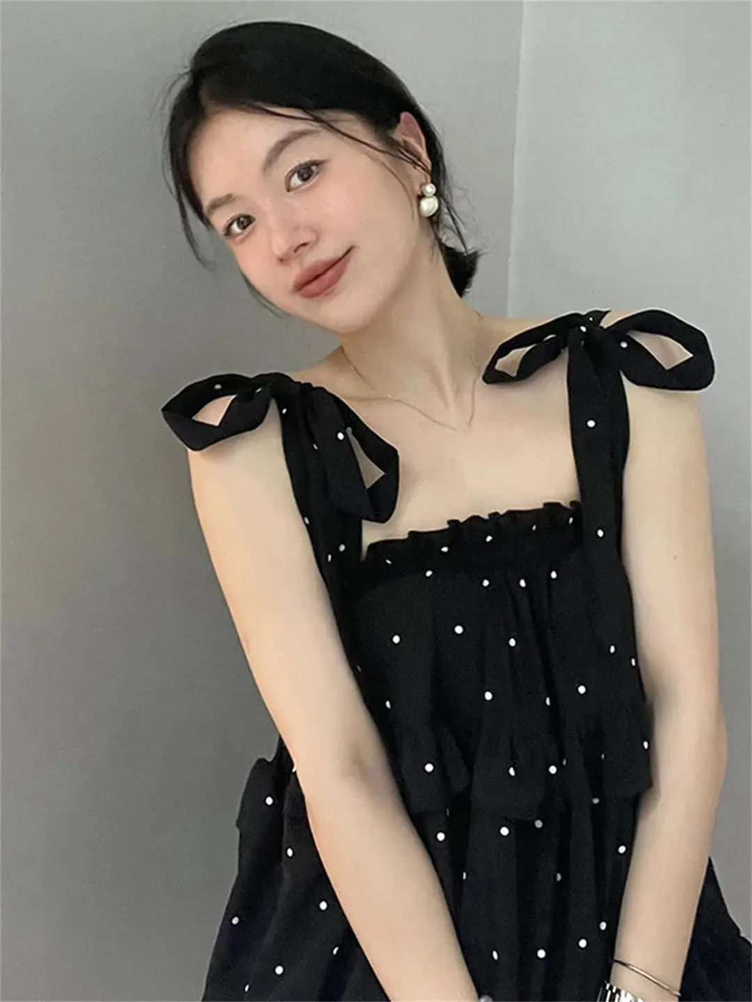 Women's Polka Dot Camisole Summer Bow Tie-Up Retro Chic Spaghetti Strap Top