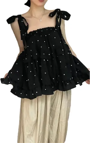 Women's Polka Dot Camisole Summer Bow Tie-Up Retro Chic Spaghetti Strap Top