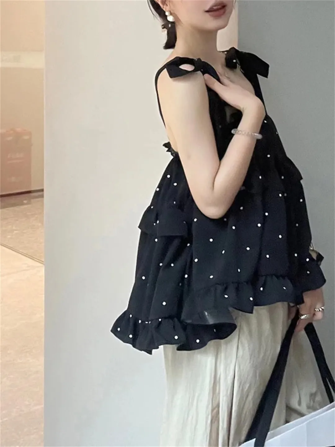 Women's Polka Dot Camisole Summer Bow Tie-Up Retro Chic Spaghetti Strap Top