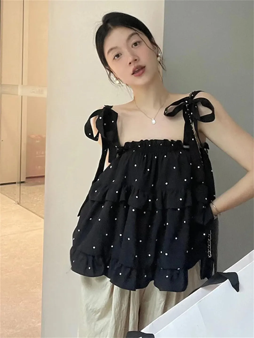 Women's Polka Dot Camisole Summer Bow Tie-Up Retro Chic Spaghetti Strap Top