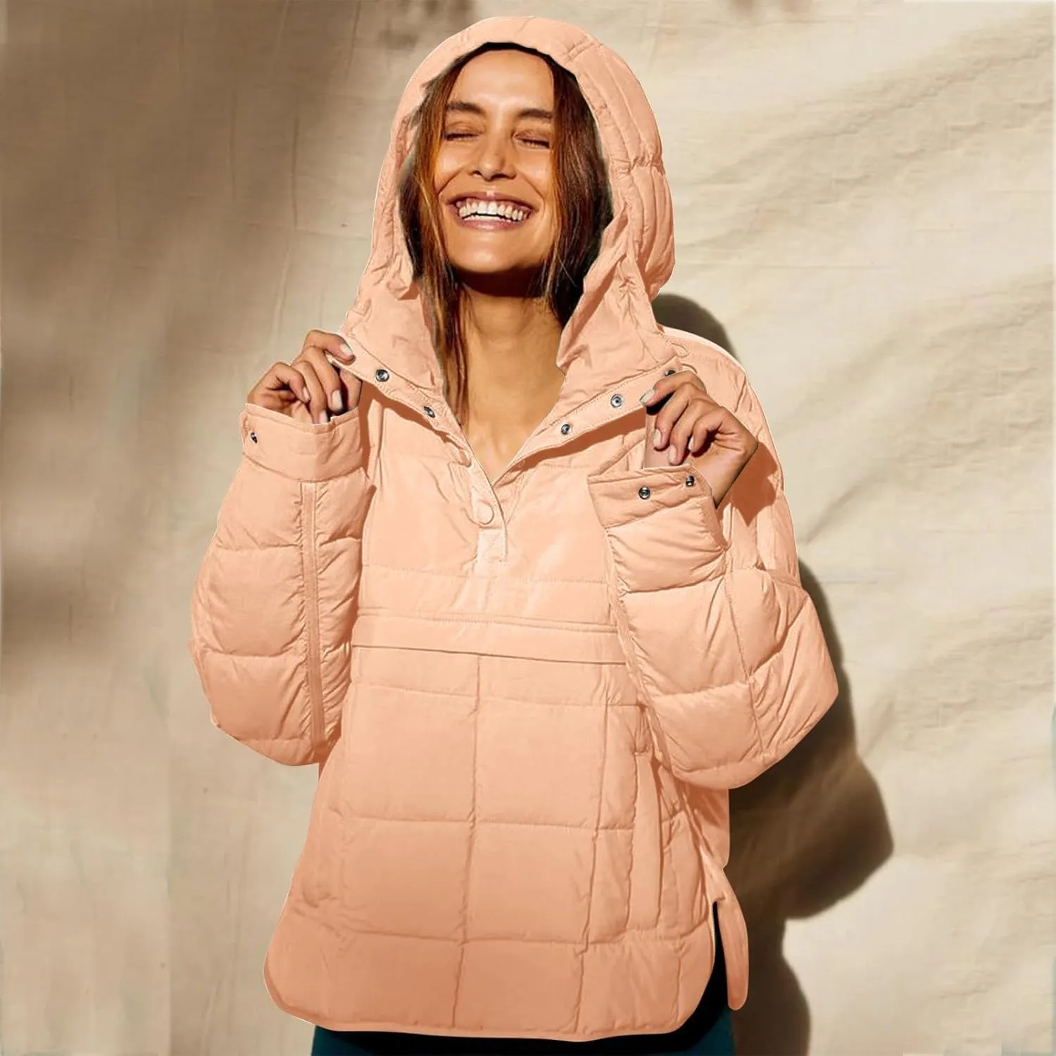 Women's Quilted Pullover Puffer Jacket Hooded Oversize Coat Tops Winter Warm Padded Hoodies Outwear with Pockets