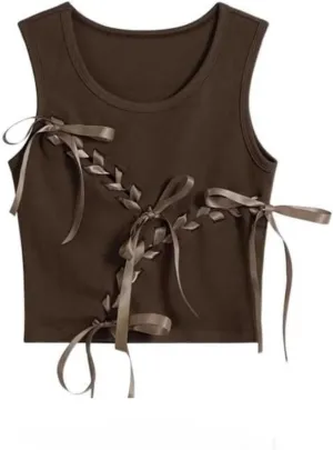 Womens Retro Crew Neck Sleeveless Tank Top Bow Lace-Up Vests Solid Casual Slim Fit Short Camisole