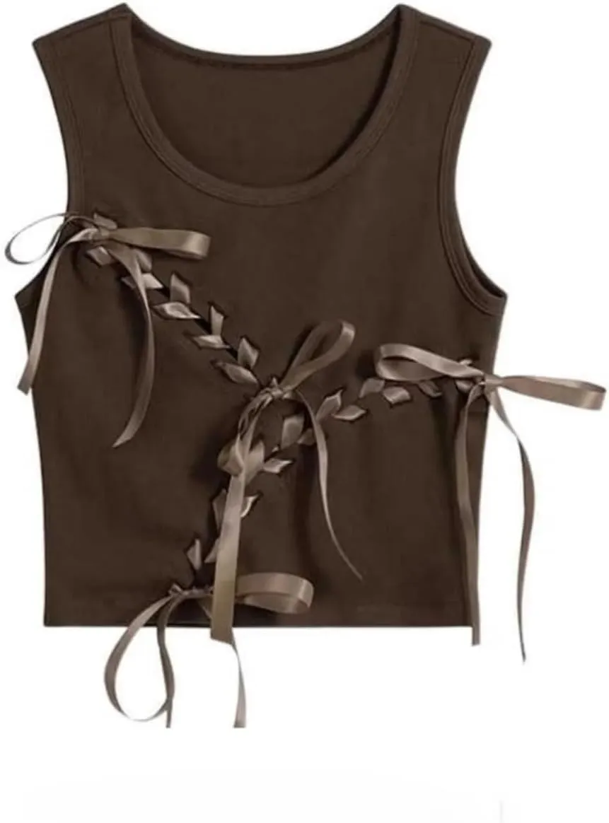 Womens Retro Crew Neck Sleeveless Tank Top Bow Lace-Up Vests Solid Casual Slim Fit Short Camisole