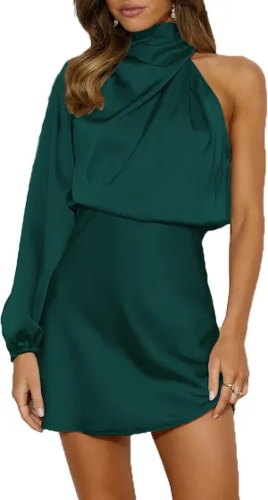 Women's Satin Long Sleeve One Shoulder Mini Dress Silk One Sleeve Turtle Neck Cut Out Cocktail Short Dress for Women