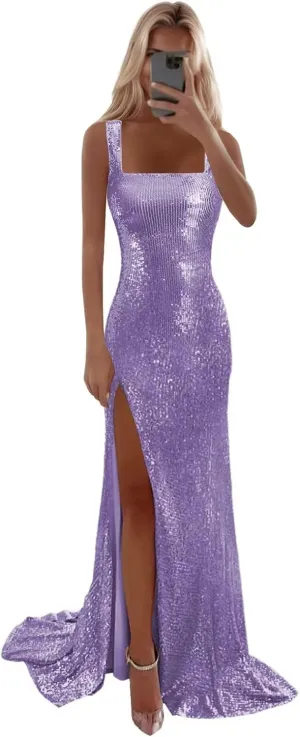 Women's Spaghetti Strap Sequin Square Neck Prom Dresses Sexy 2025 Formal Dress Long DI208