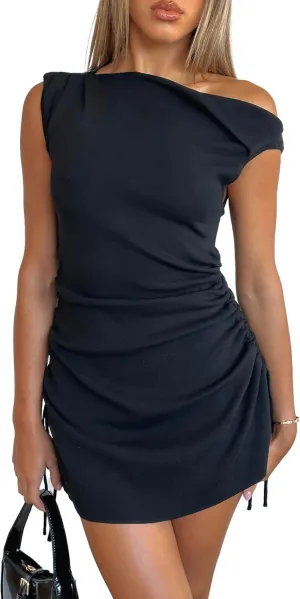 Women's Summer Bodycon Dresses Sexy One Shoulder Side Drawstring Vacation Cocktail Club Party Cute Mini Dress