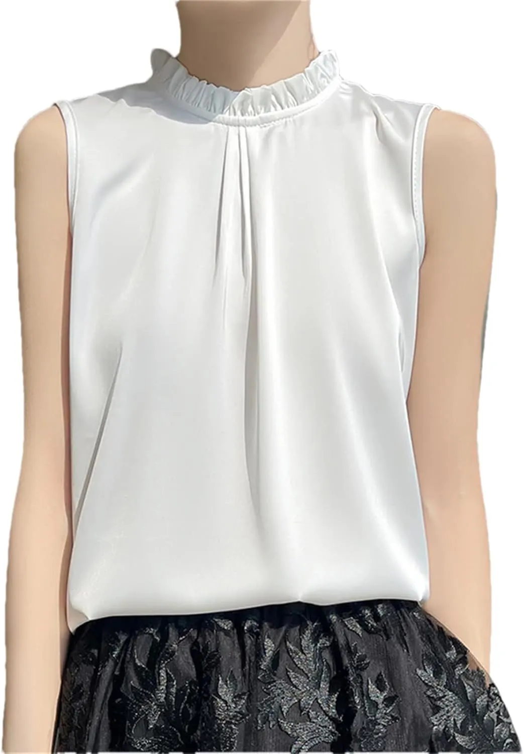 Women's Summer Casual Silk T-Shirt Vest Loose Solid Frill Collar Satin Camisole Tops
