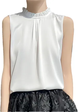 Women's Summer Casual Silk T-Shirt Vest Loose Solid Frill Collar Satin Camisole Tops