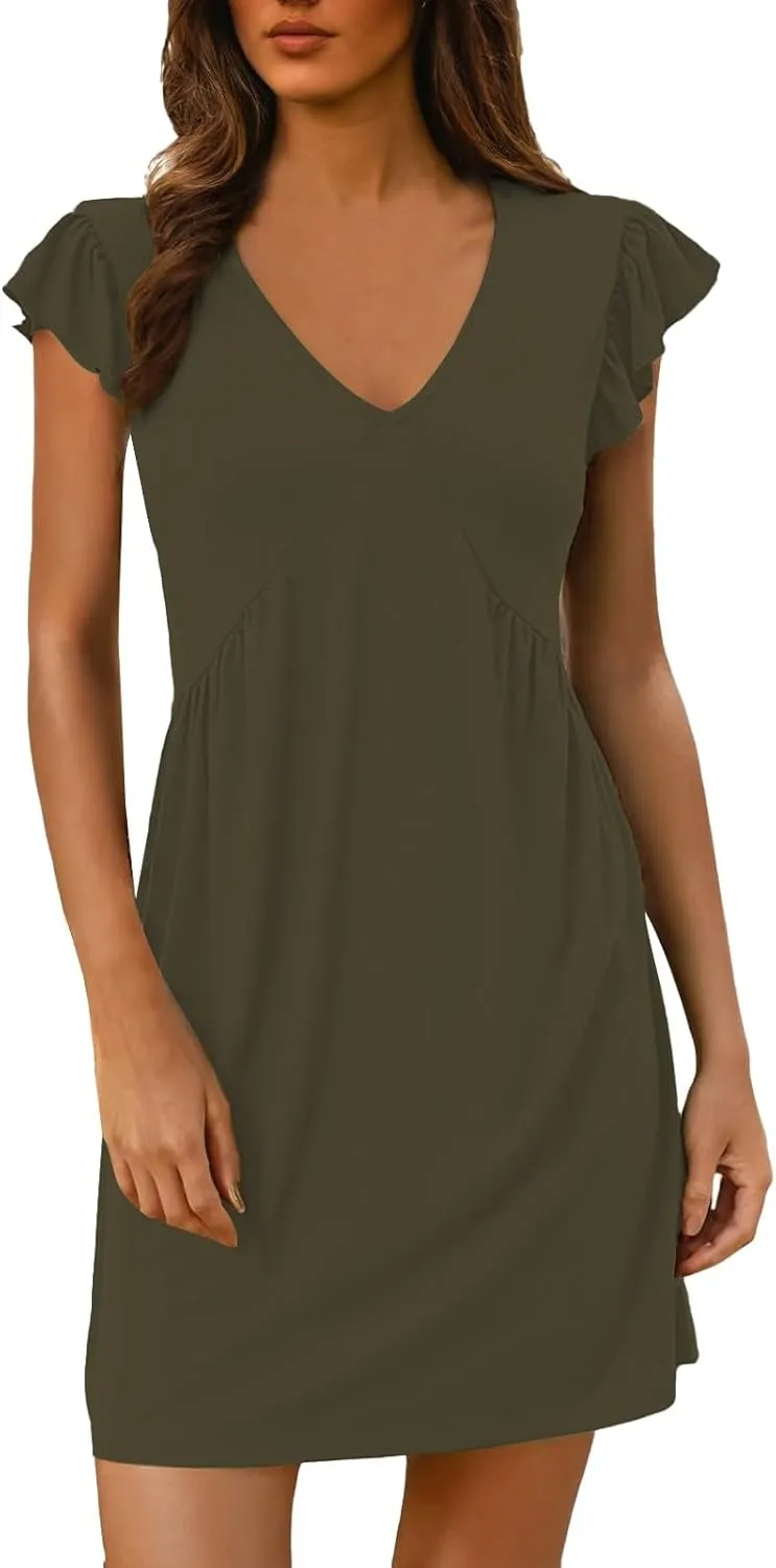 Women's Summer Dresses 2025 Beach Casual Deep V Neck Loose Sundress Ruffle Sleeve Mini Dress